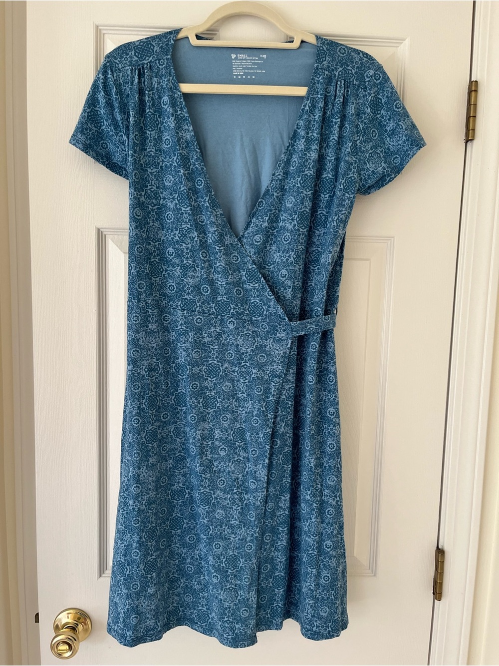 Pact Organic Cotton Blue Brocade Tie Waist Wrap Dress, Small, Sustainable Casual